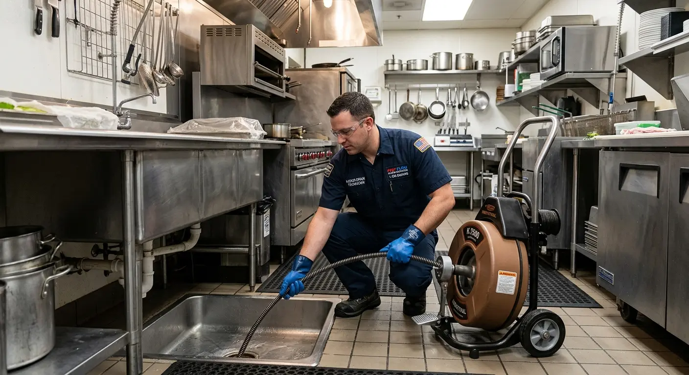 Commercial drain cleaning service in a restaurant kitchen in Ocean Shores