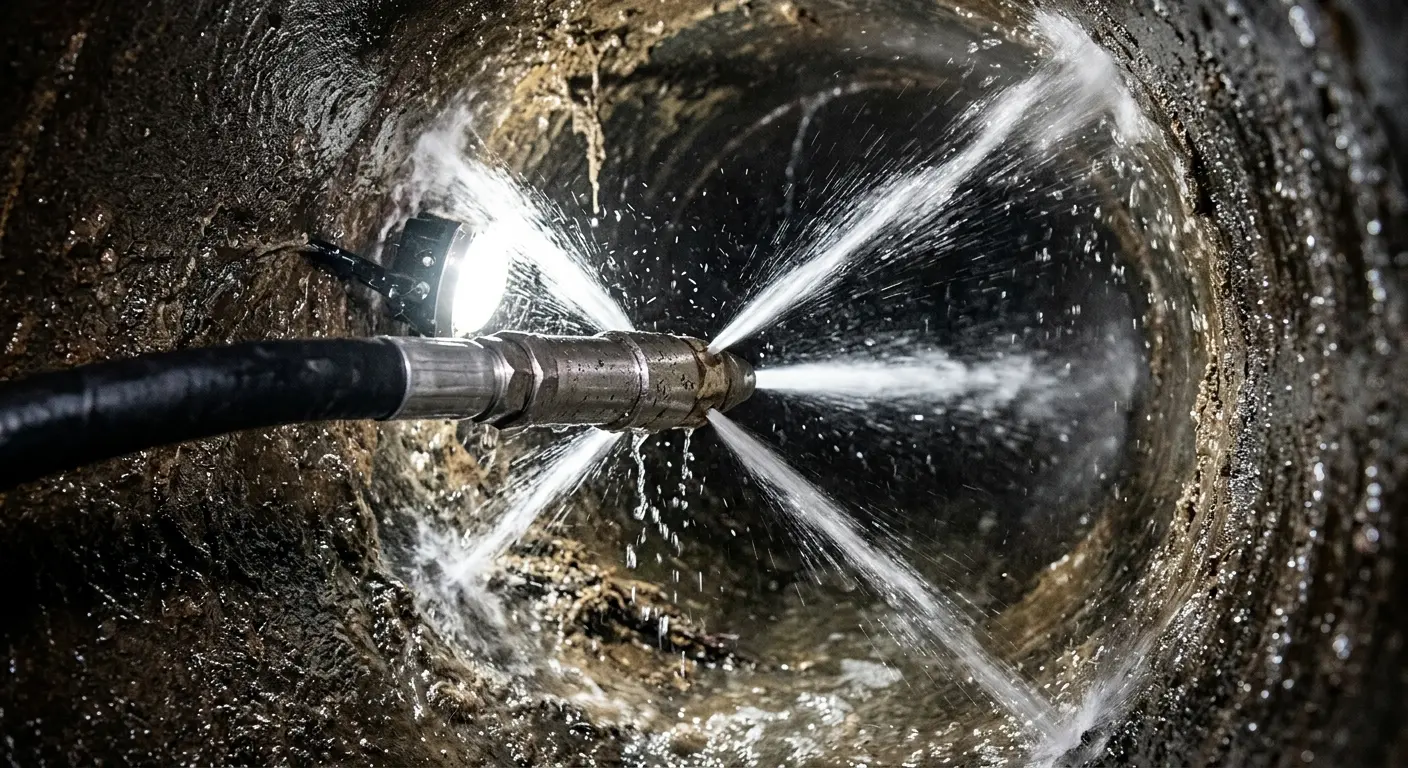 High-pressure hydro jetting nozzle cleaning sewer pipe for Emergency Drain Service in Ocean Shores