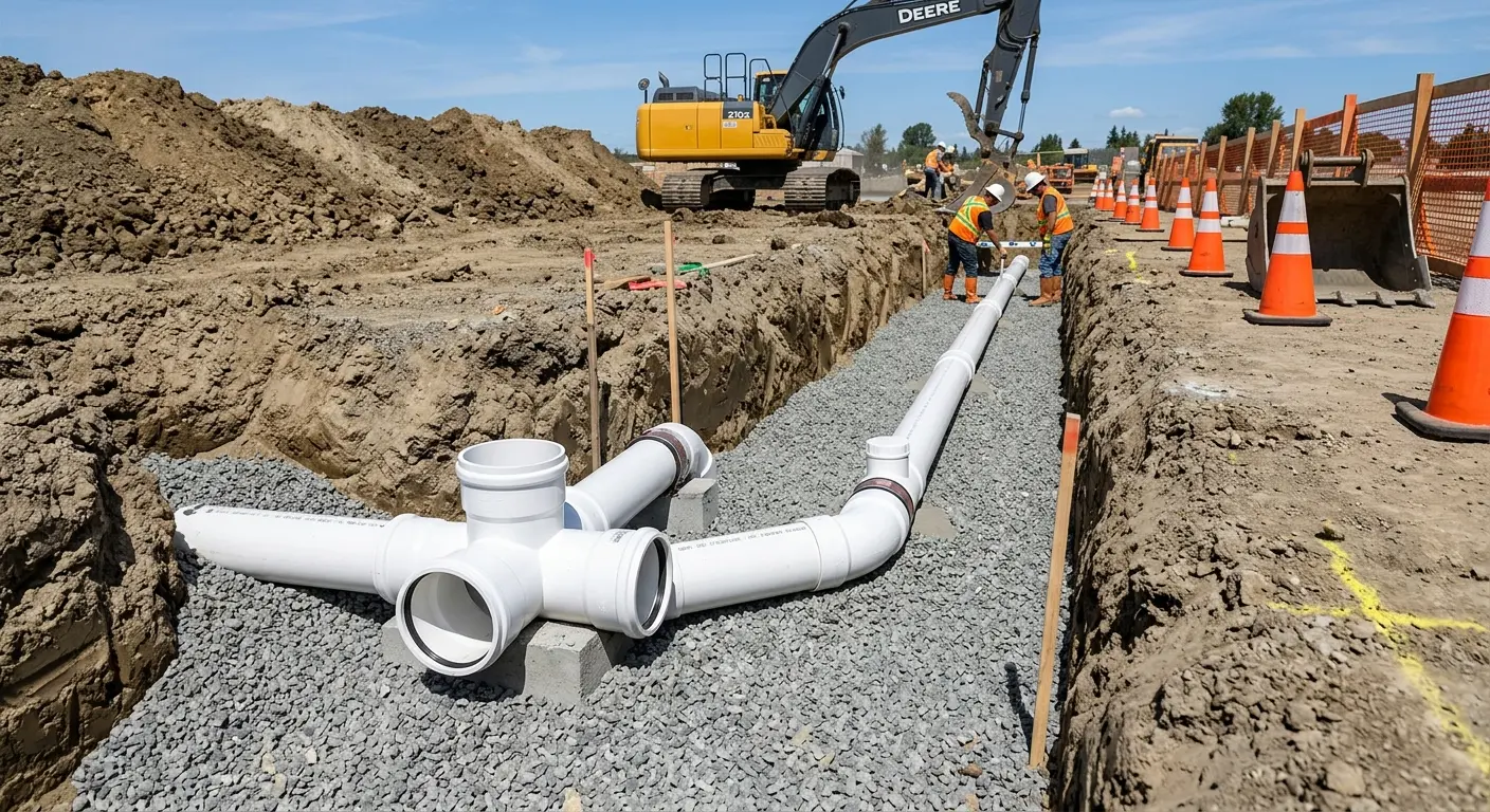 New PVC sewer pipe installation in open trench for Sewer Backup in Ocean Shores